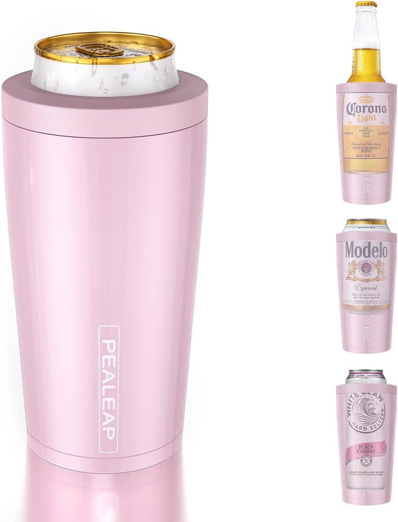 PEALEAP 4 in 1 Insulated Slim Can Cooler for 12 OZ Cans and Beer Bottle - Keep 8 Hours Cold, Easy to Hold - Stainless Steel Can Holder, Double Walled Can Insulator for Hard Seltzer and More (Blush) - Image 1